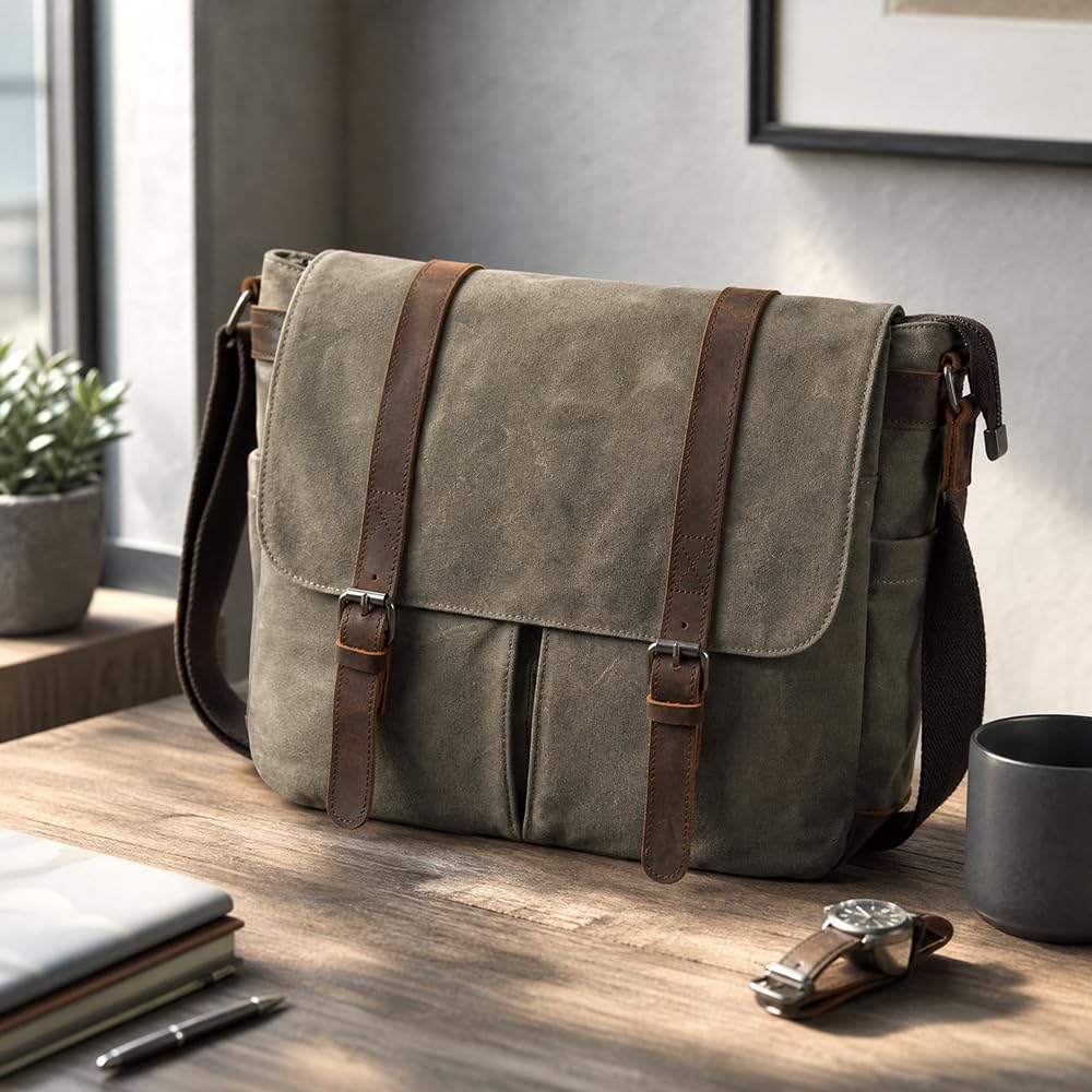 Waxed Canvas Leather Briefcase for 15.6" Laptop - Image 4