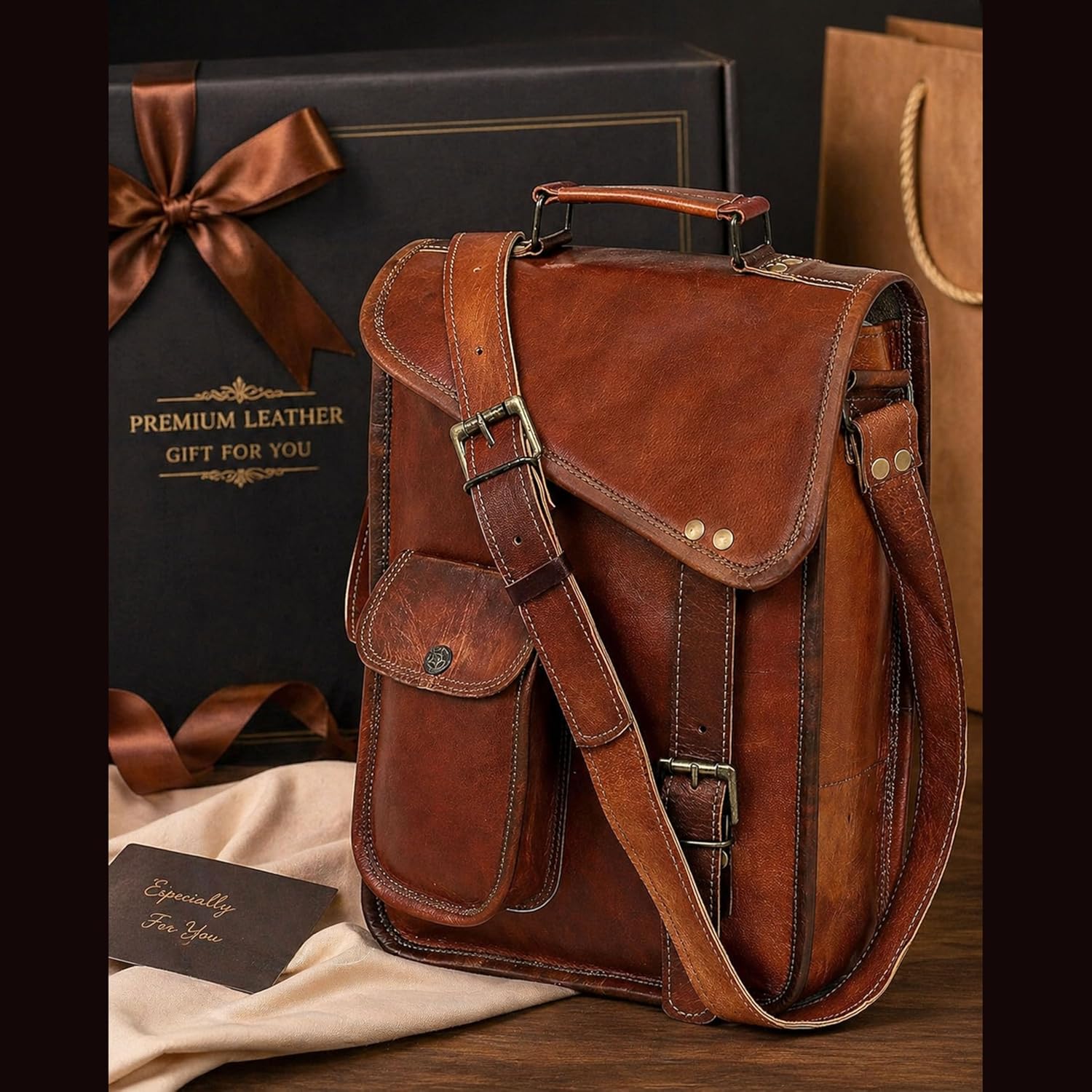 Distressed Leather Satchel Bag - Image 3